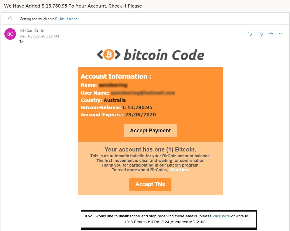 bitcoin scam email threat