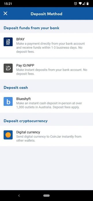 CoinJar Australia app Deposit Method