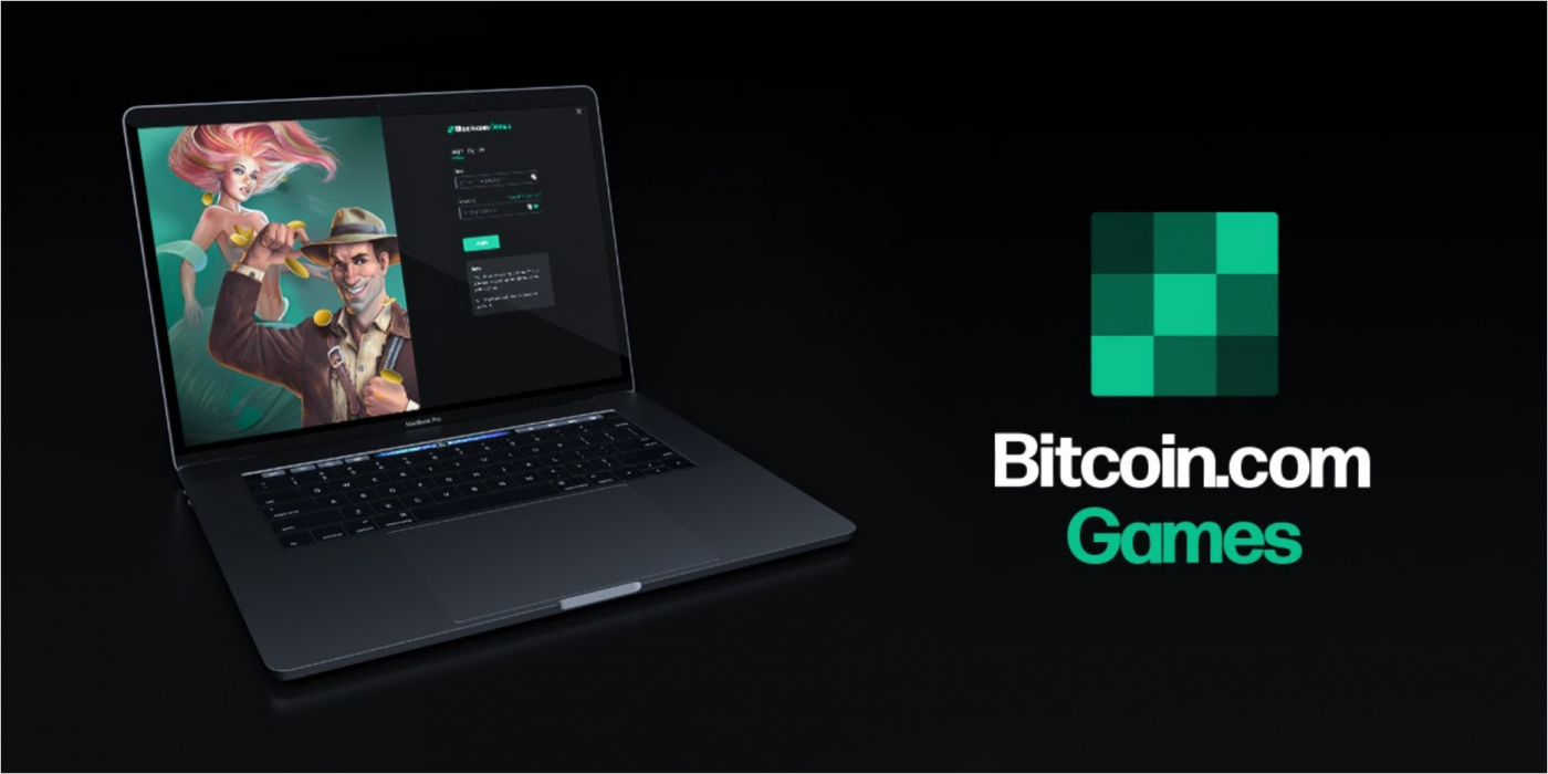 Laptop and Bitcoin.com Games logo