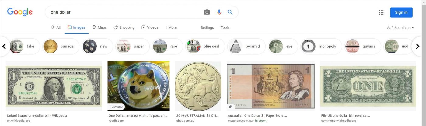 Doge appearing for "one dollar" search images on Google