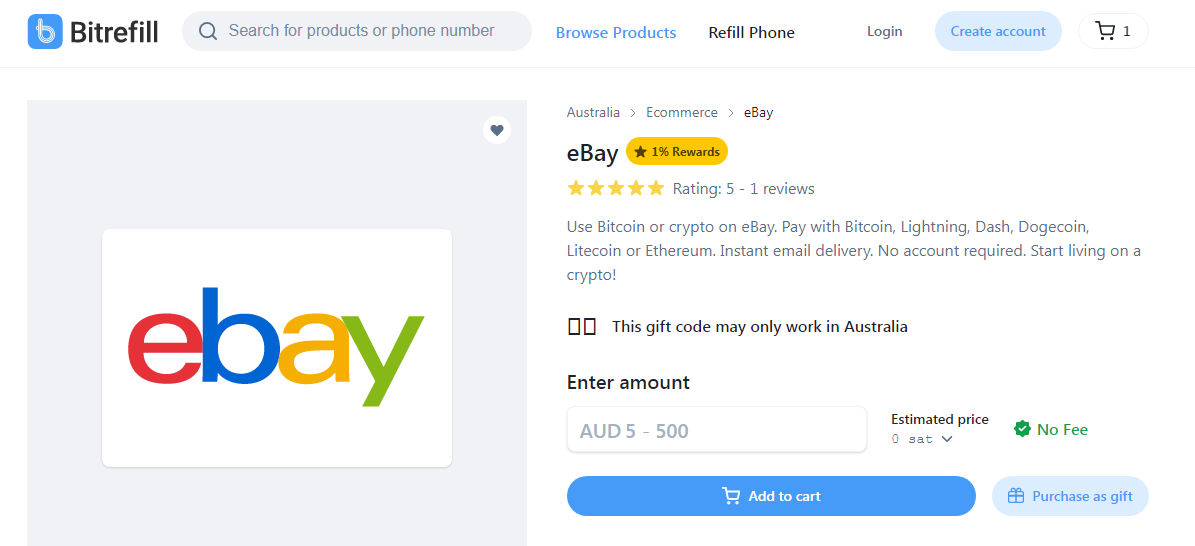 Bitrefill.com Buy eBay Gift Card with Cryptocurrency Example